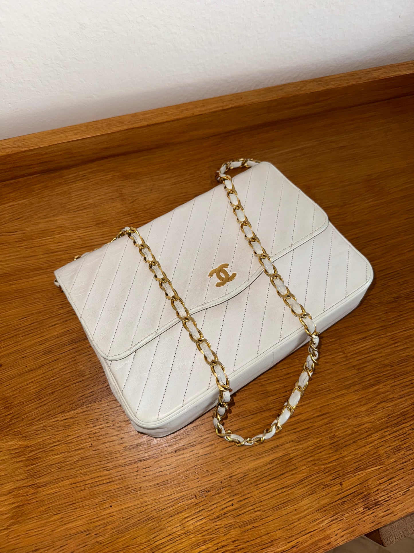 CHANEL DIAGONAL STITCH FLAP OFF WHITE