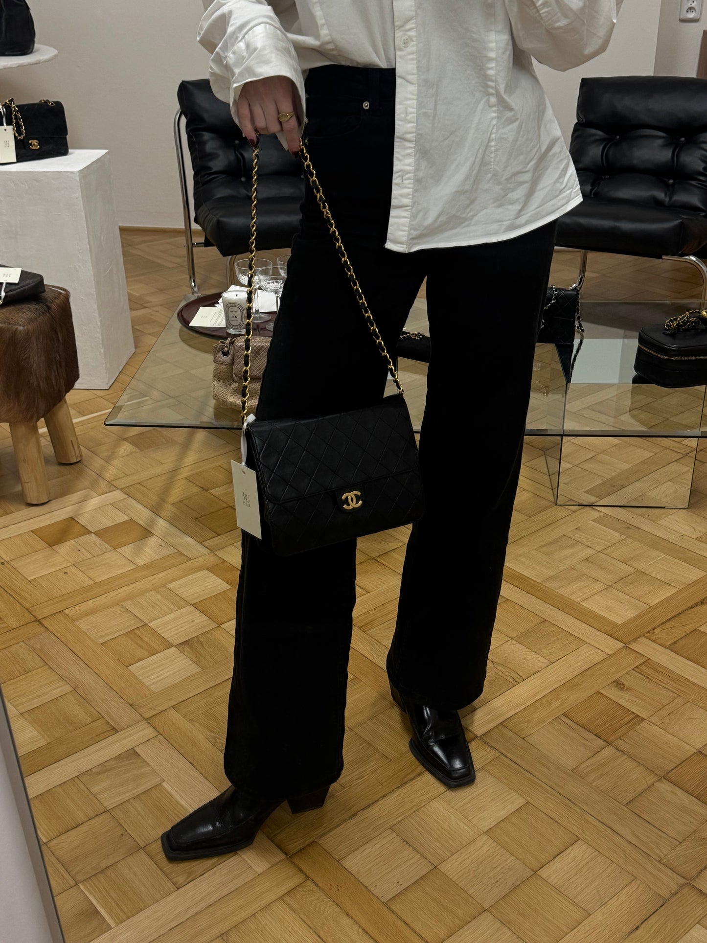 CHANEL CLASSIC SINGLE FLAP BAG LAMBSKIN BLACK 24K GOLD HW