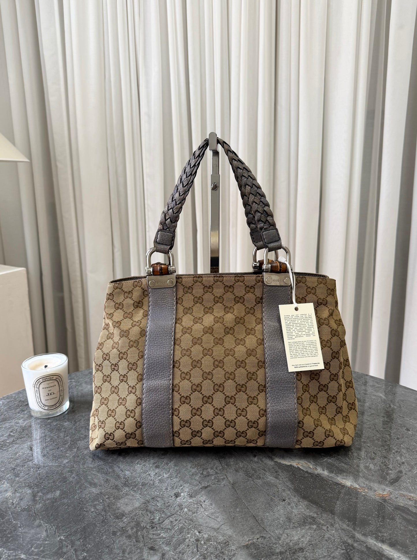 GUCCI GG CANVAS BAMBOO LIBECCIO TOTE BAG GREY