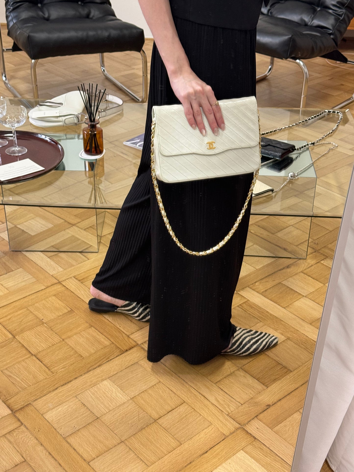 CHANEL DIAGONAL STITCH FLAP OFF WHITE