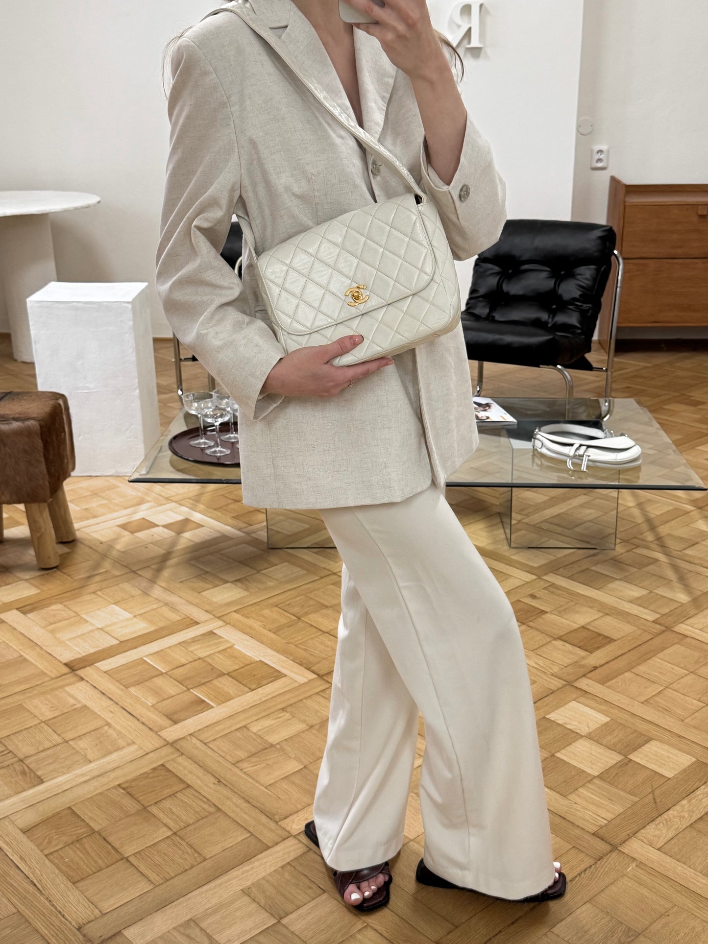 CHANEL MATELASSE FLAP BAG TWIST LOCK WIDE STRAP CREAM