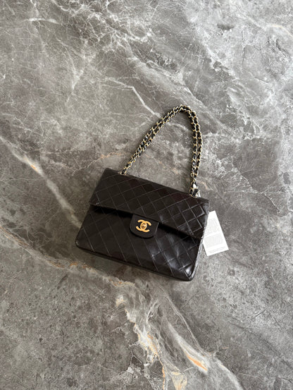 CHANEL CLASSIC DOUBLE FLAP BAG BLACK MEDIUM TALL 24K GOLD HW