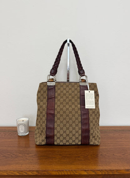 GUCCI GG CANVAS BAMBOO LIBECCIO TOTE BAG BROWN