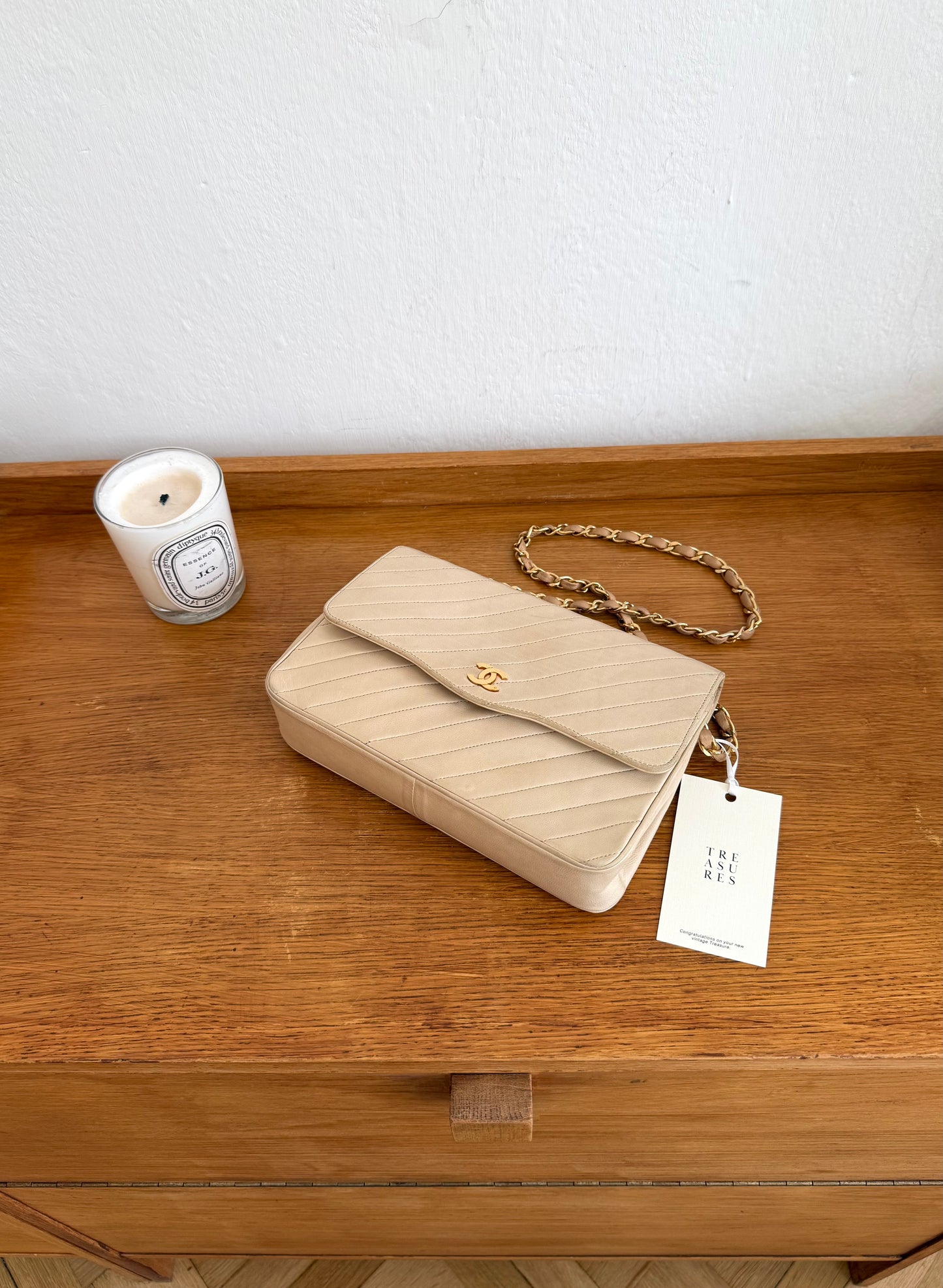 CHANEL SINGLE FLAP DIAGONAL STITCH BEIGE 24k GOLD
