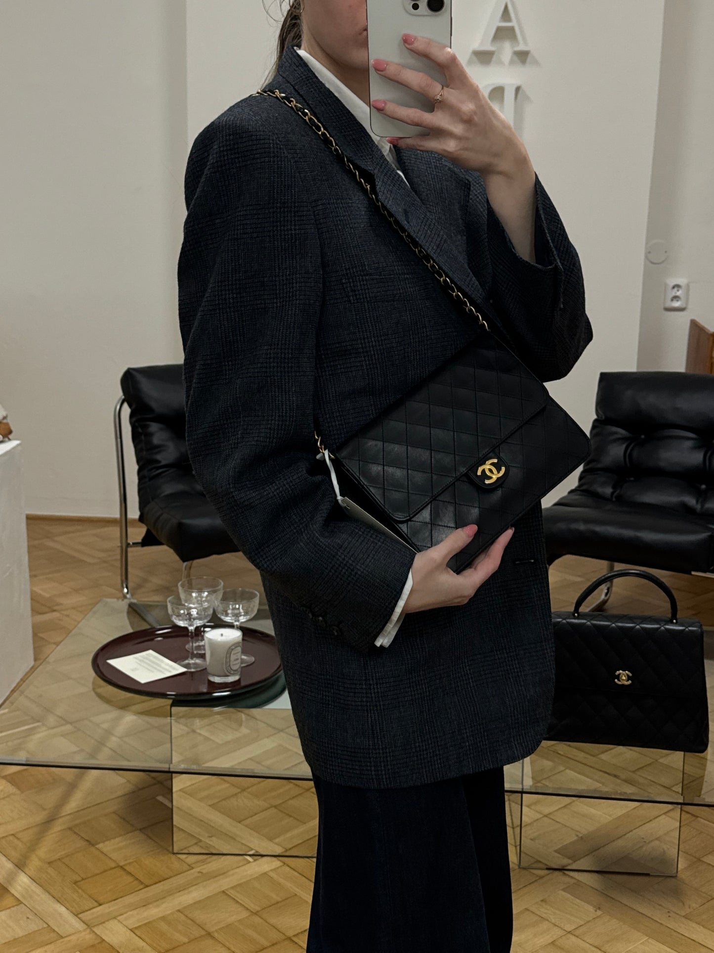 CHANEL CLASSIC SINGLE FLAP BAG LAMBSKIN BLACK 24K GOLD HW