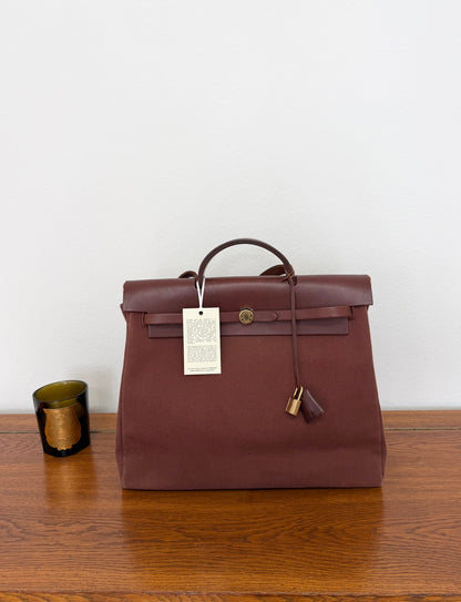 HERMÈS HERBAG HANDBAG BURGUNDY CANVAS & LEATHER