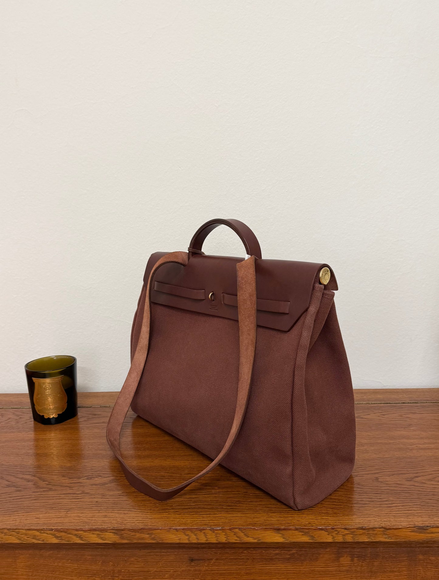HERMÈS HERBAG HANDBAG BURGUNDY CANVAS & LEATHER