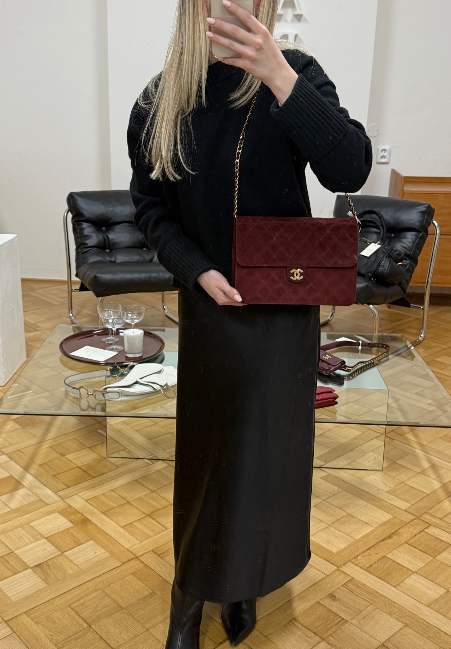 CHANEL CLASSIC SUEDE BURGUNDY SINGLE FLAP BAG