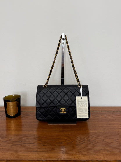 CHANEL TIMELESS CLASSIC DOUBLE FLAP BAG MEDIUM BLACK LAMBSKIN 24K GOLD HW