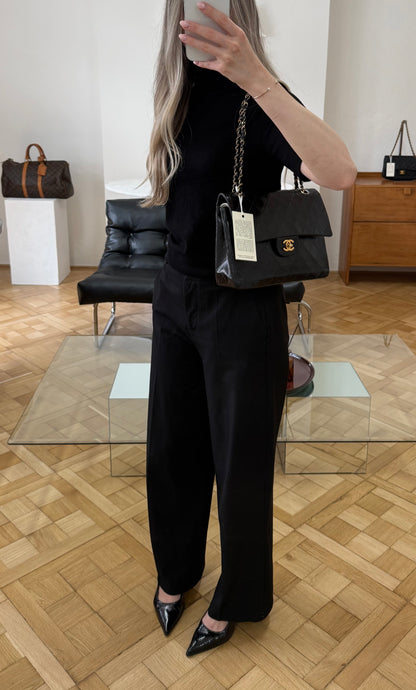CHANEL CLASSIC DOUBLE FLAP BAG BLACK MEDIUM TALL 24K GOLD HW