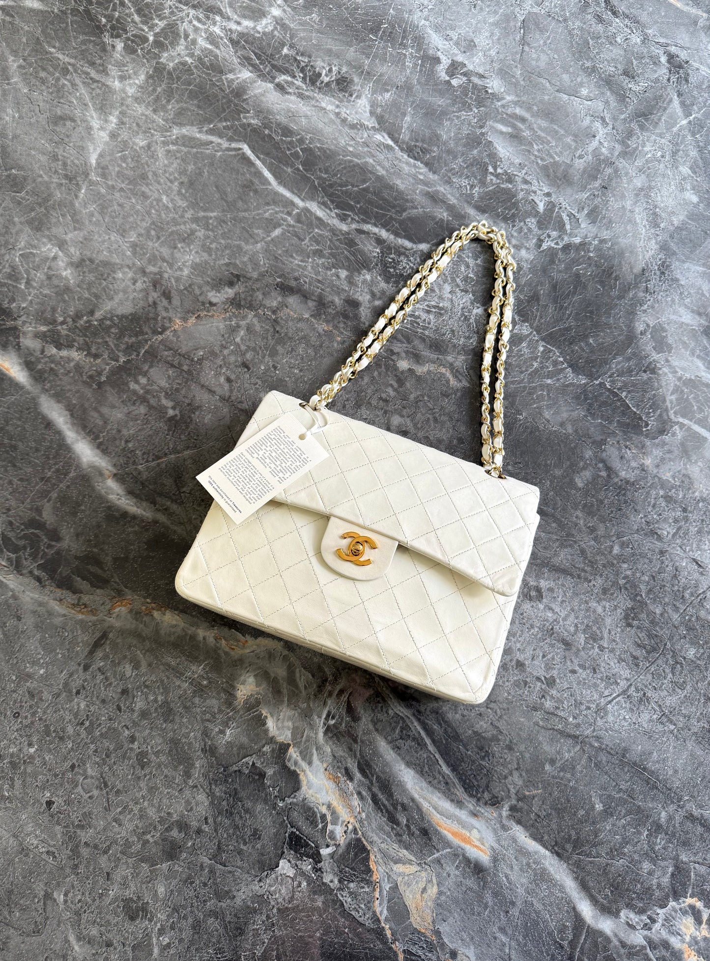 CHANEL CLASSIC DOUBLE FLAP BAG WHITE MEDIUM TALL 24K GOLD