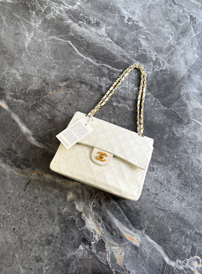 CHANEL CLASSIC DOUBLE FLAP BAG WHITE MEDIUM TALL 24K GOLD