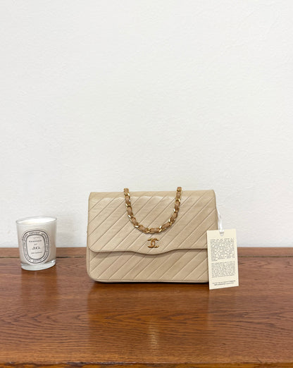 CHANEL SINGLE FLAP DIAGONAL STITCH BEIGE 24k GOLD