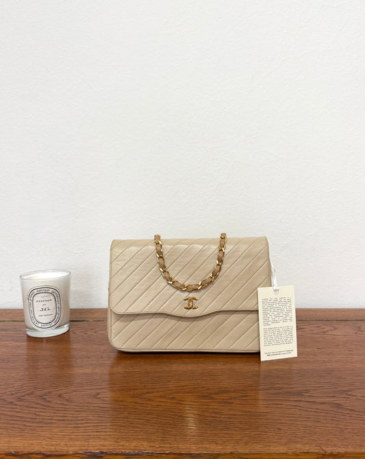 CHANEL SINGLE FLAP DIAGONAL STITCH BEIGE 24k GOLD
