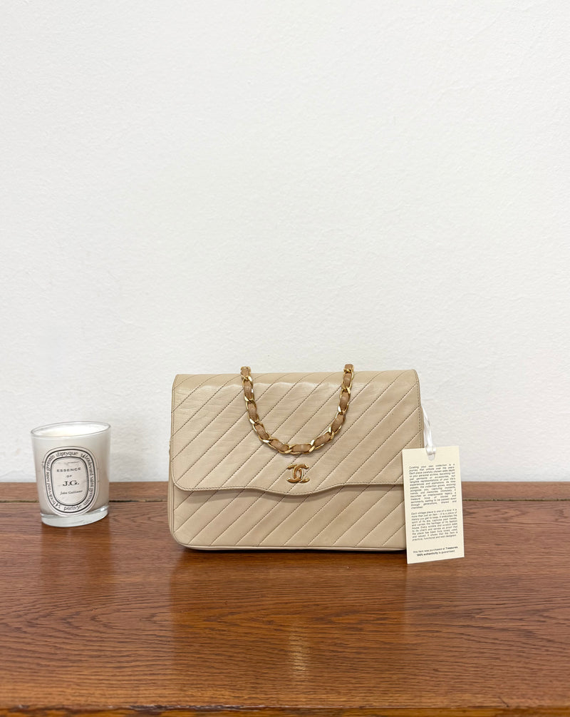 CHANEL SINGLE FLAP DIAGONAL STITCH BEIGE 24k GOLD