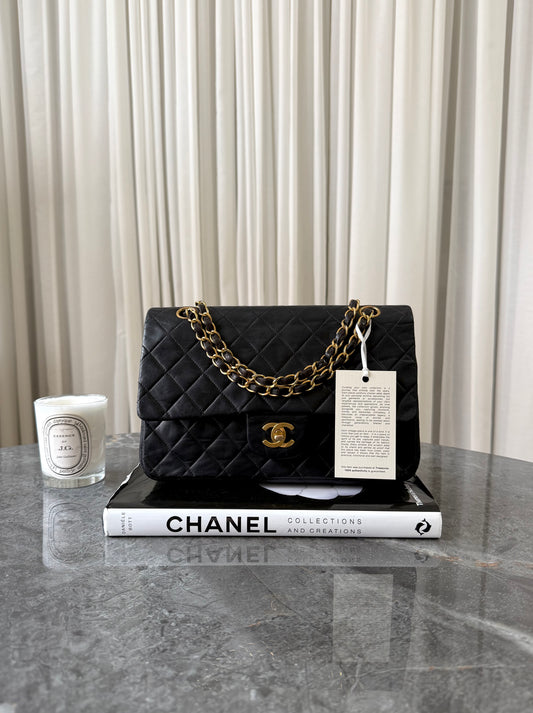 CHANEL TIMELESS CLASSIC DOUBLE FLAP BAG MEDIUM BLACK LAMBSKIN 24K GOLD HW