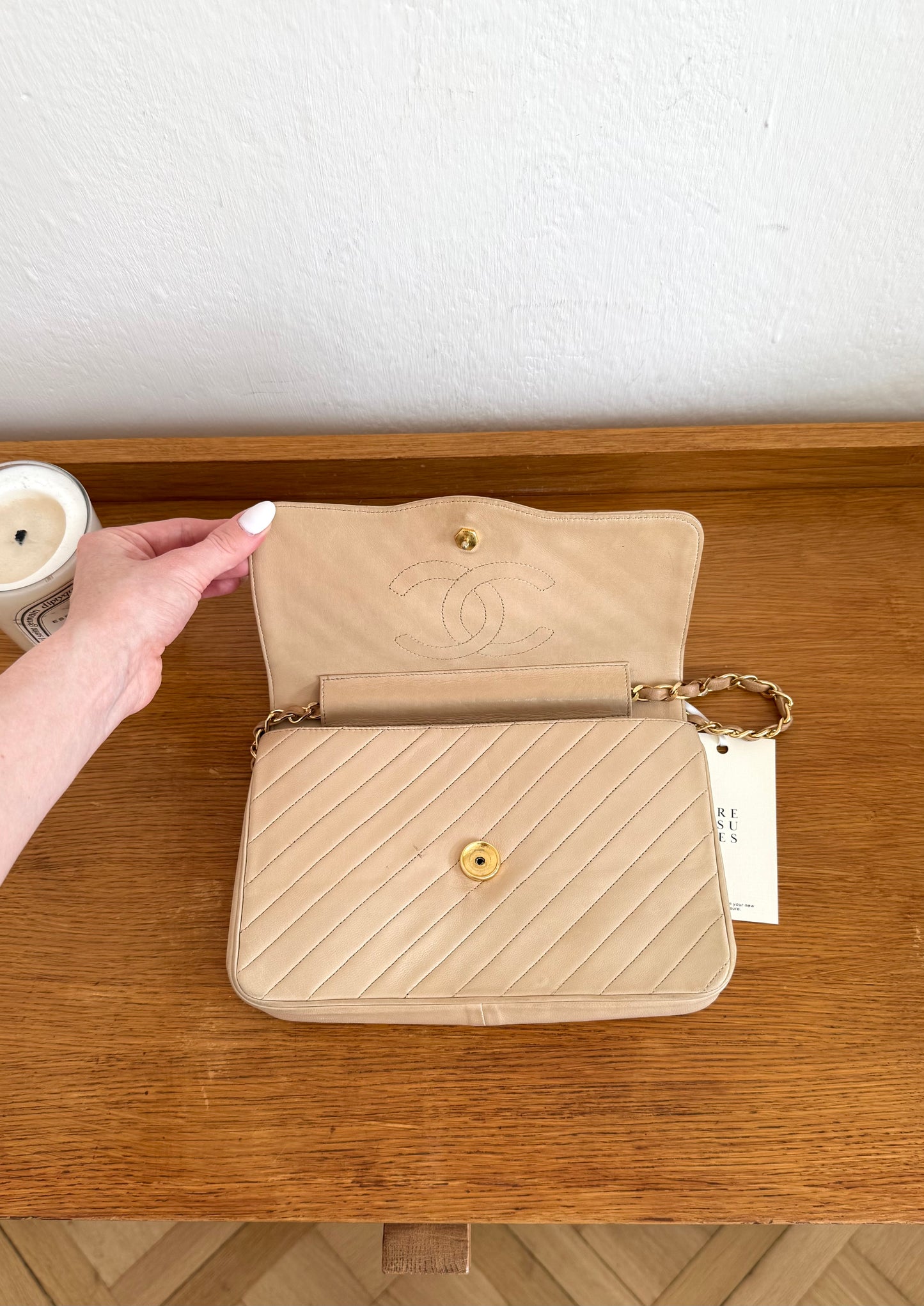CHANEL SINGLE FLAP DIAGONAL STITCH BEIGE 24k GOLD