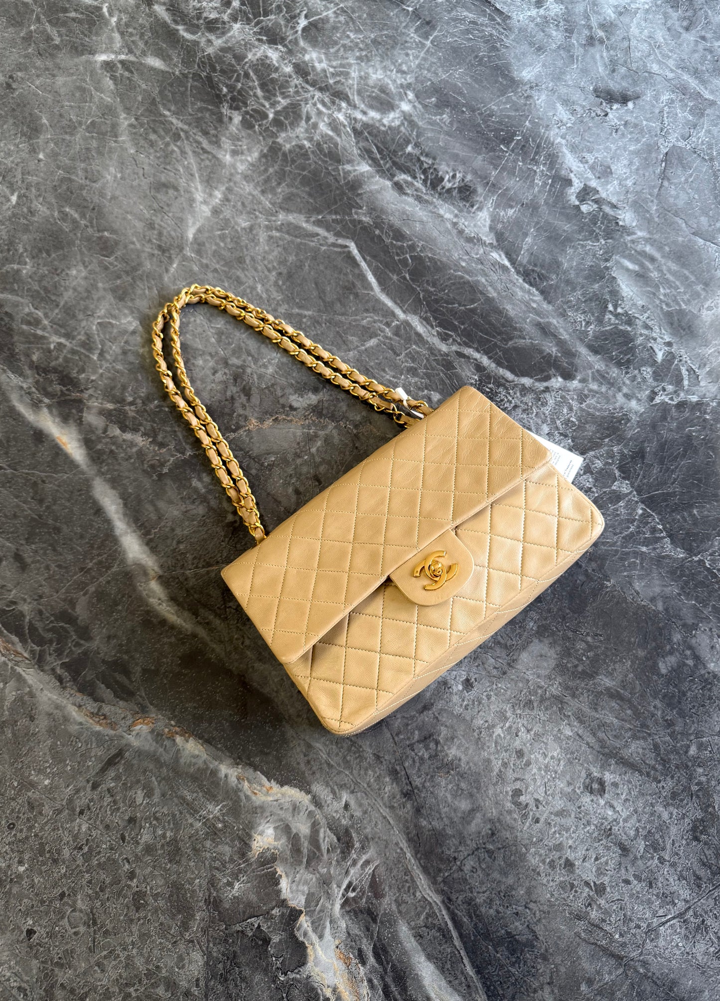 CHANEL CLASSIC DOUBLE FLAP BAG MEDIUM BEIGE 24K GOLD HW