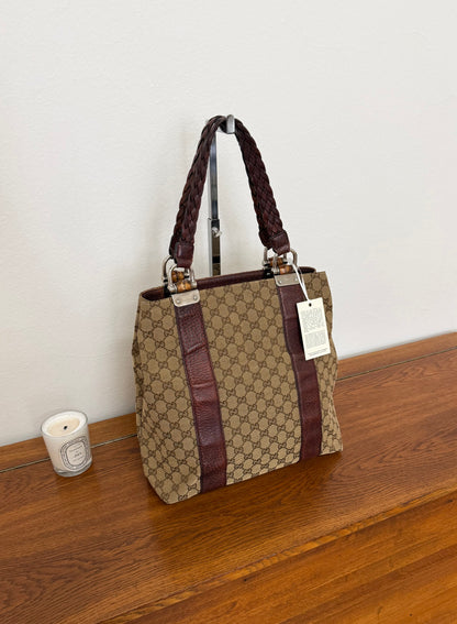 GUCCI GG CANVAS BAMBOO LIBECCIO TOTE BAG BROWN