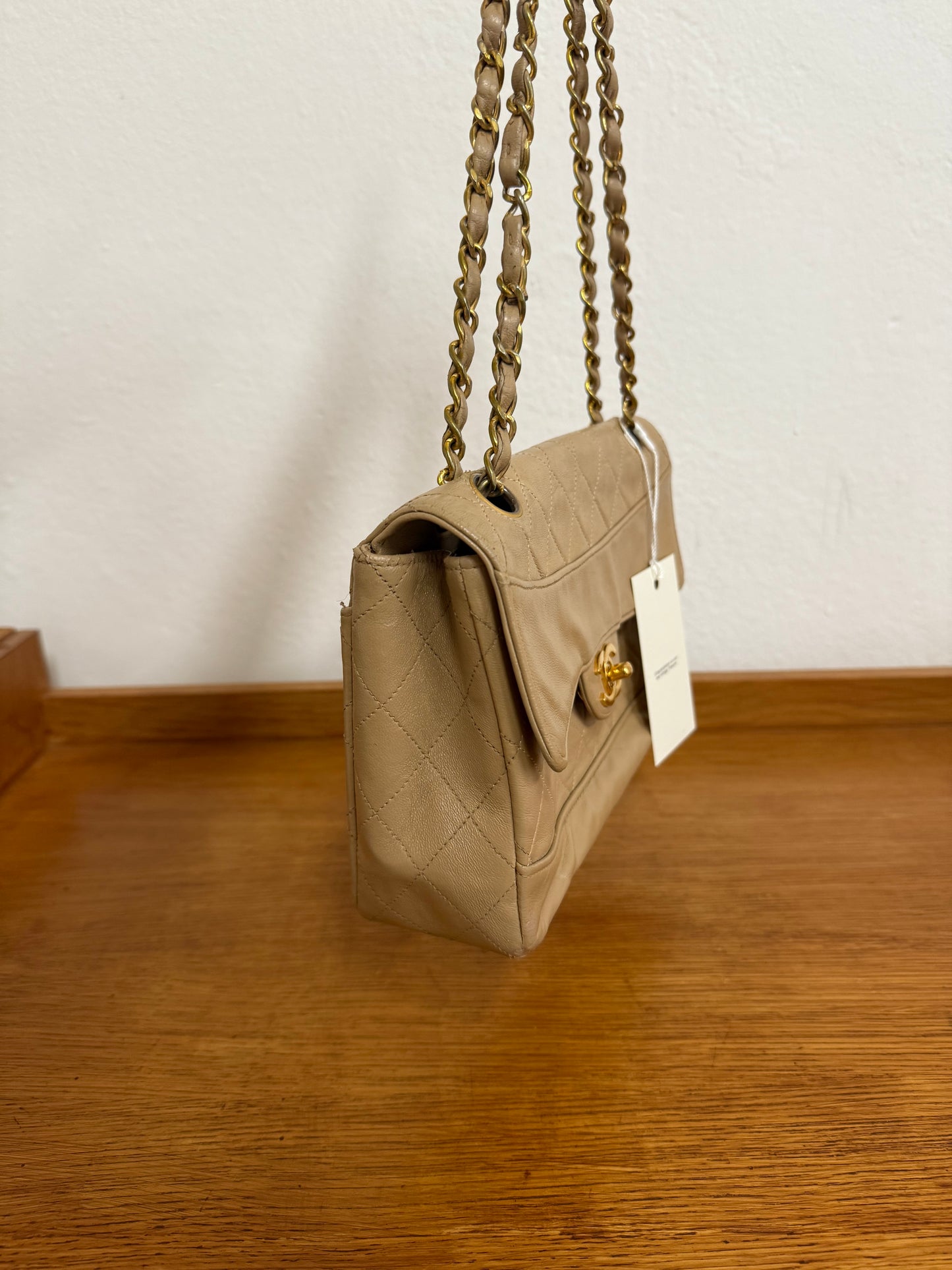 CHANEL TWIST LOCK CLASSIC FLAP BAG BEIGE