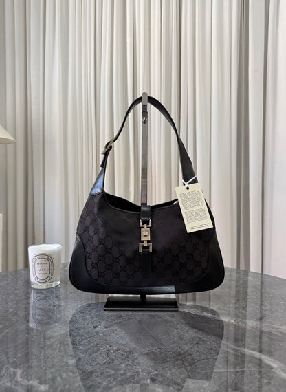 Gucci Jackie GG Canvas Shoulder Bag Black Silver HW