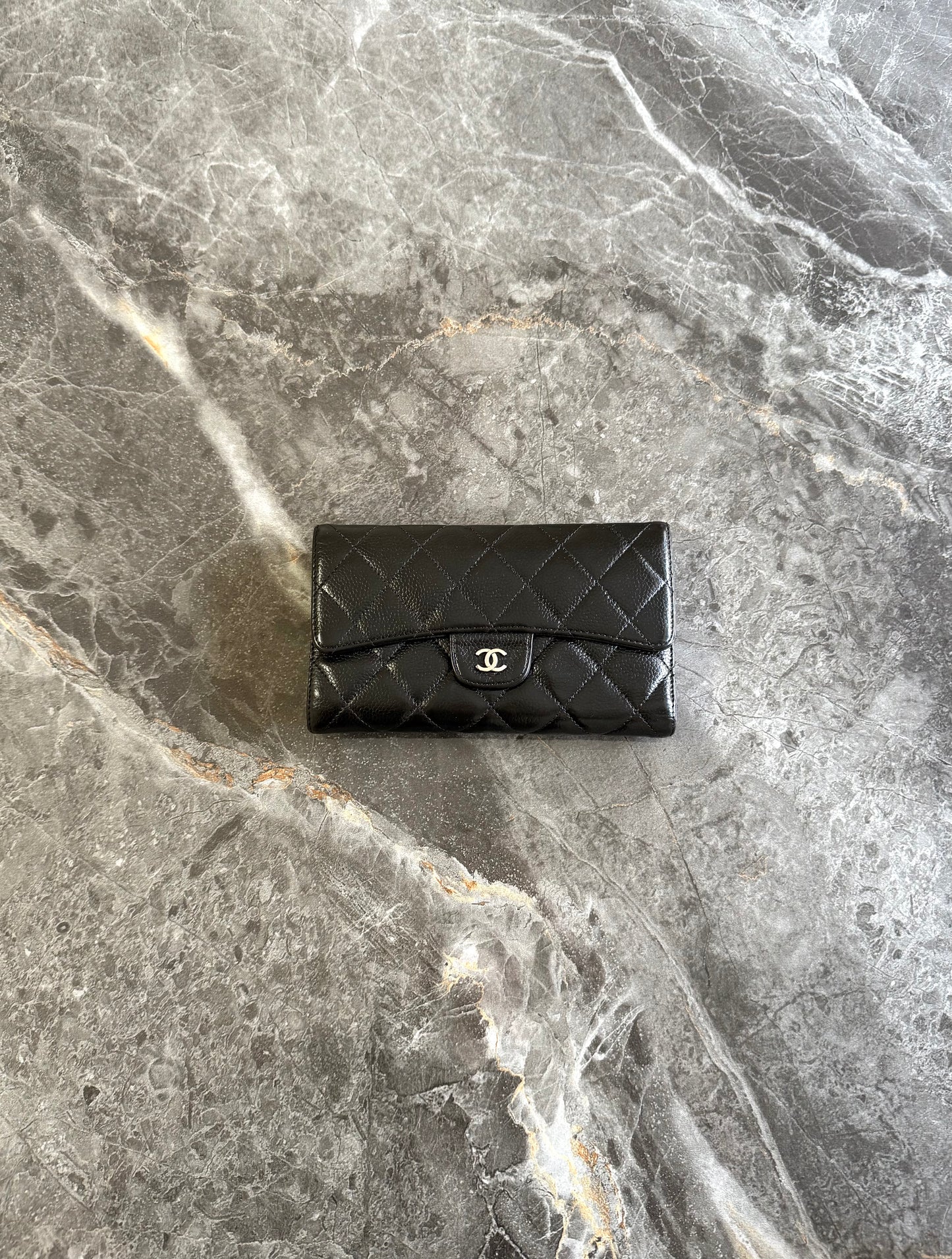 CHANEL CLASSIC LONG WALLET BLACK CAVIAR SILVER HW SERIES 12