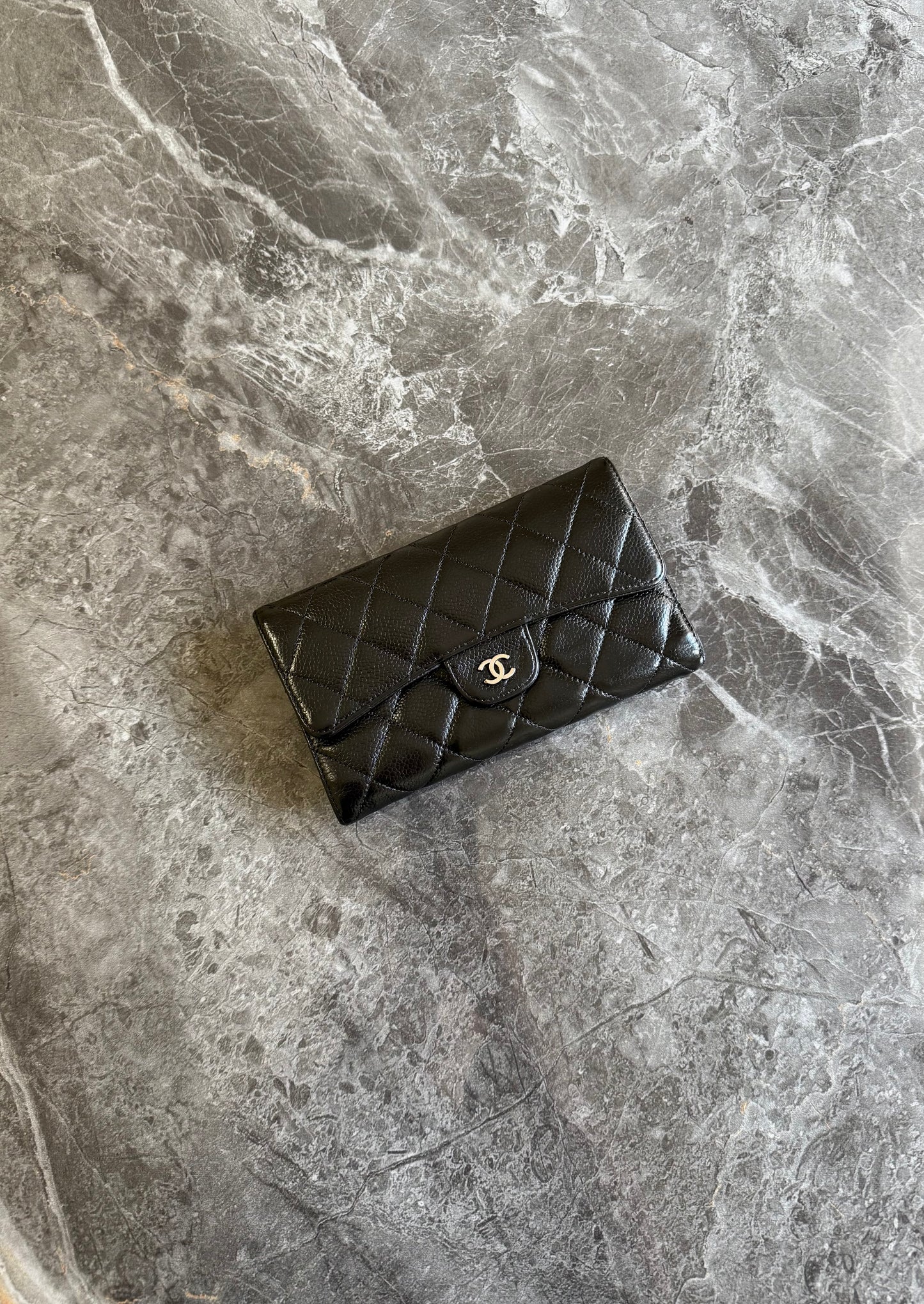 CHANEL CLASSIC LONG WALLET BLACK CAVIAR SILVER HW SERIES 12