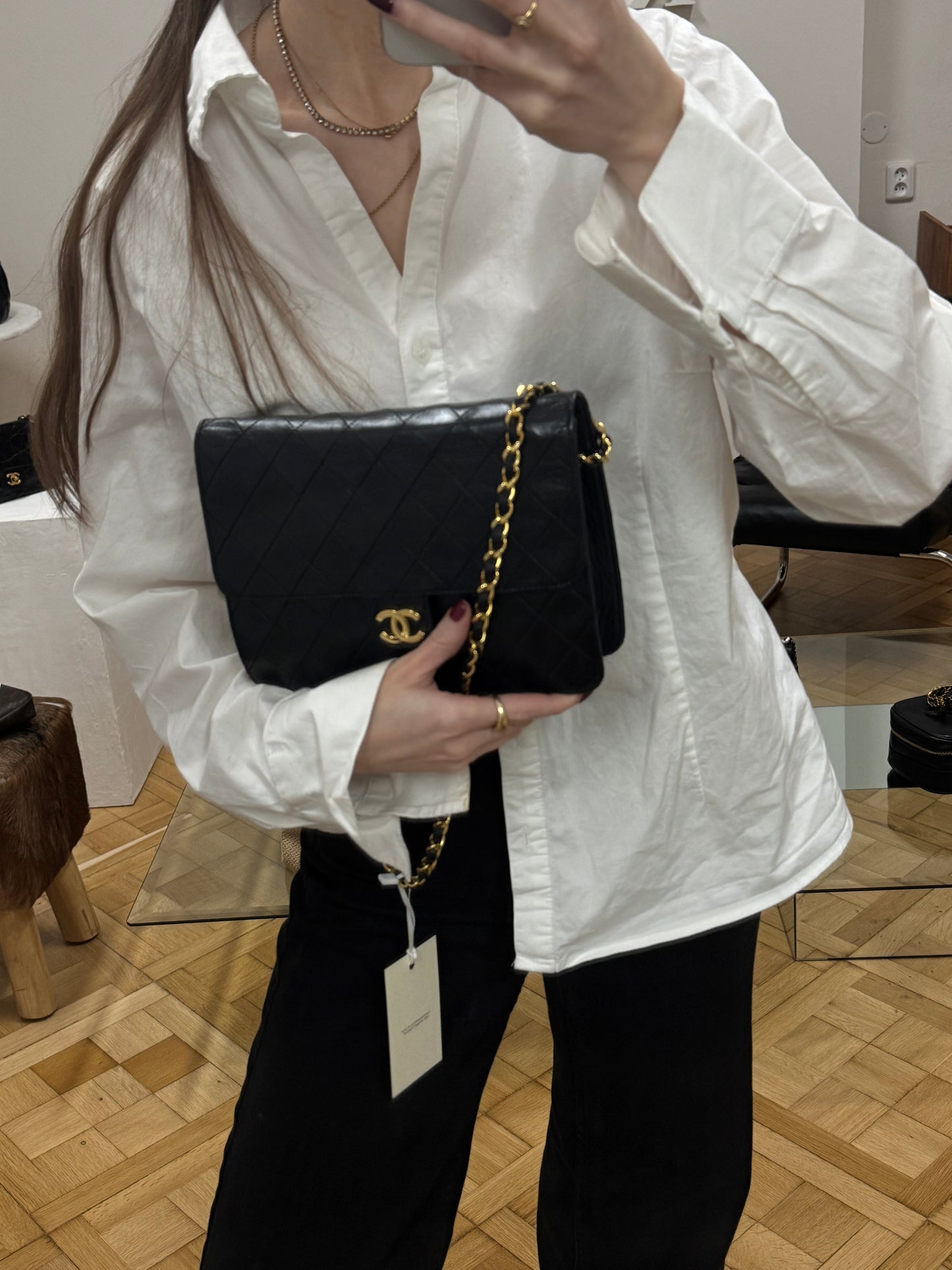 CHANEL CLASSIC SINGLE FLAP BAG LAMBSKIN BLACK 24K GOLD HW