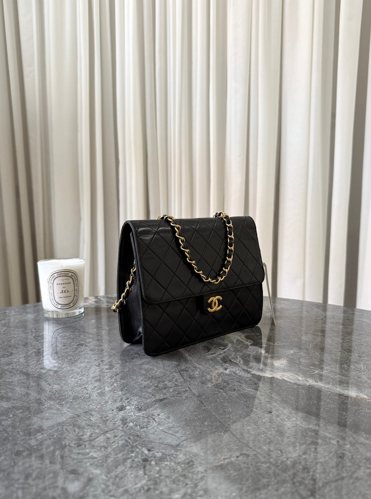 CHANEL CLASSIC SINGLE FLAP BAG LAMBSKIN BLACK 24K GOLD HW