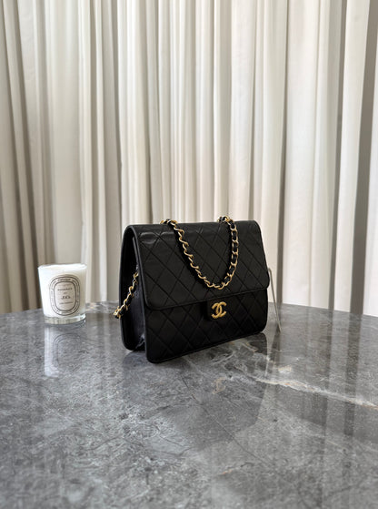 CHANEL CLASSIC SINGLE FLAP BAG LAMBSKIN BLACK 24K GOLD HW