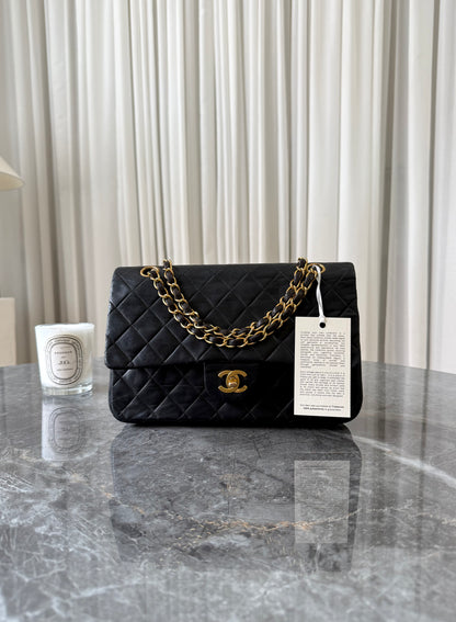 CHANEL TIMELESS CLASSIC DOUBLE FLAP BAG MEDIUM BLACK LAMBSKIN 24K GOLD HW