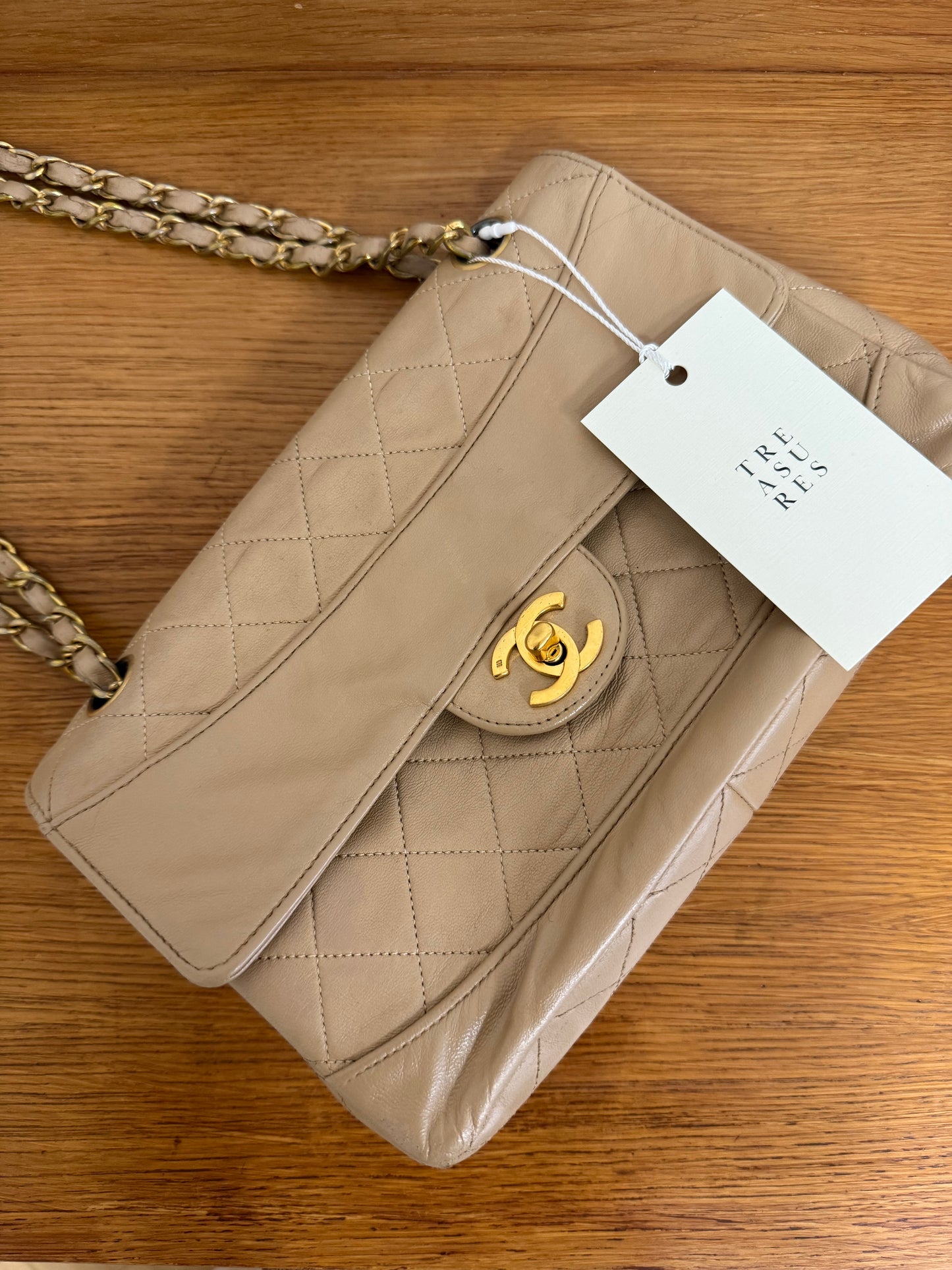 CHANEL TWIST LOCK CLASSIC FLAP BAG BEIGE