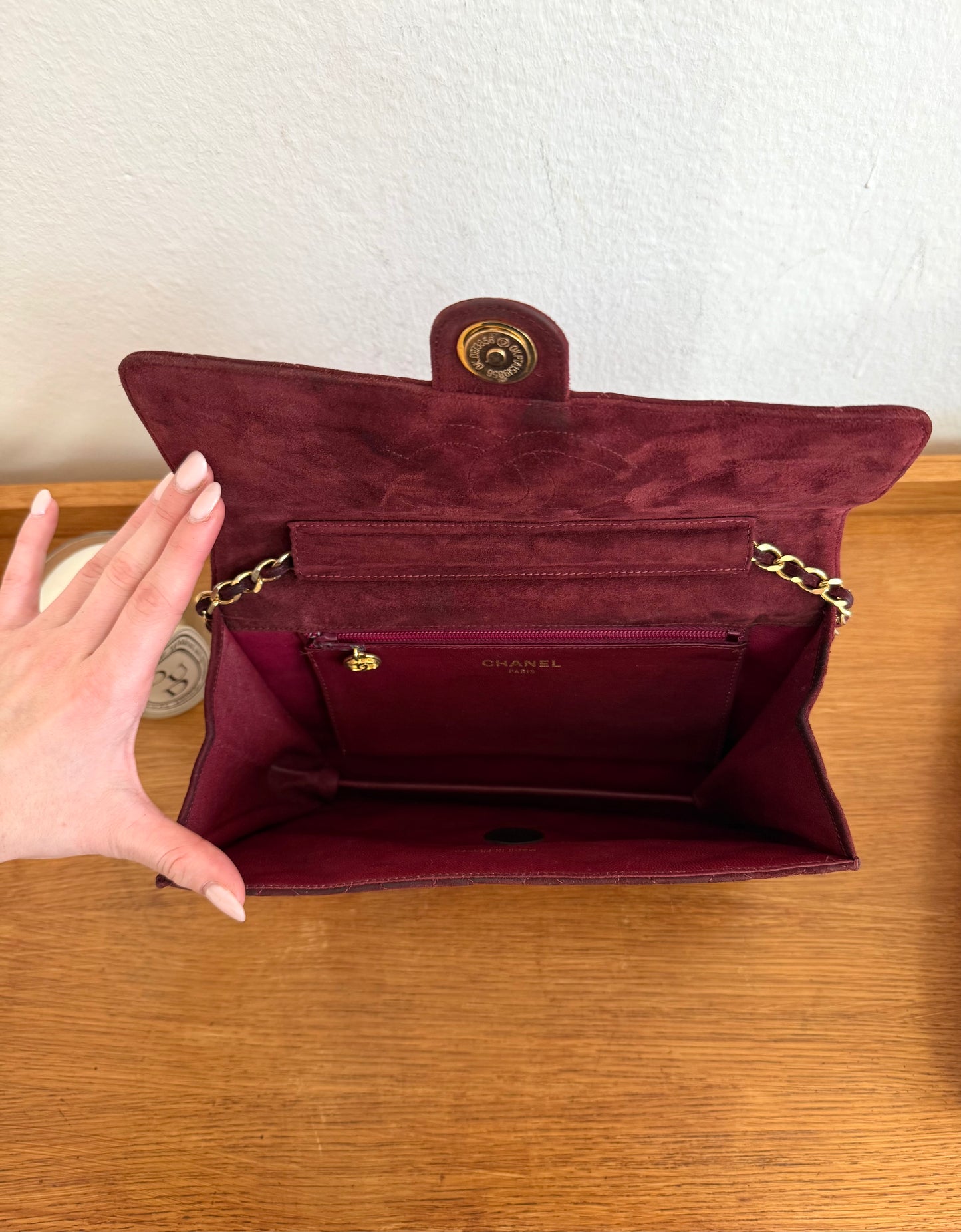 CHANEL CLASSIC SUEDE BURGUNDY SINGLE FLAP BAG