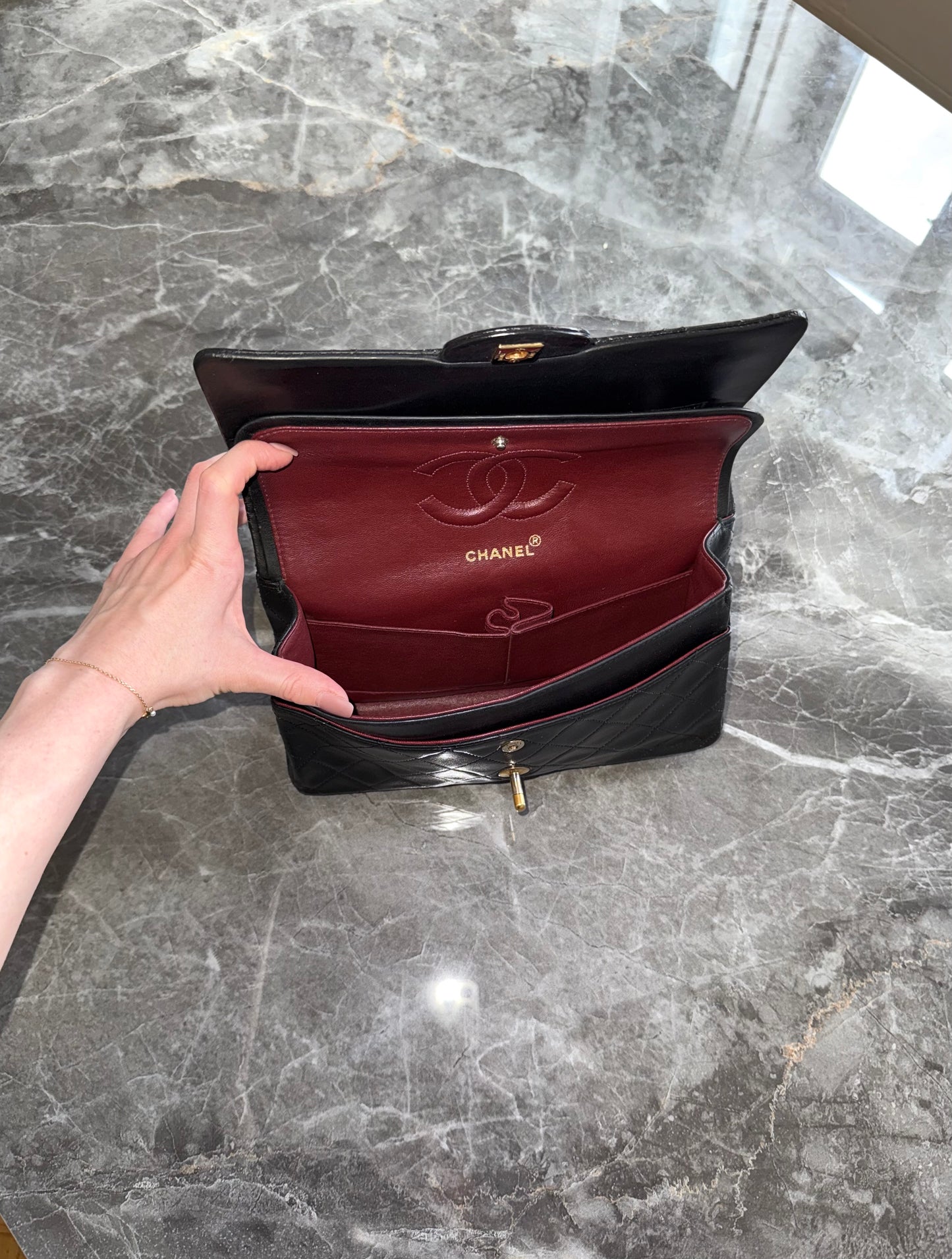 CHANEL CLASSIC DOUBLE FLAP BAG MEDIUM BLACK 24K GOLD HW