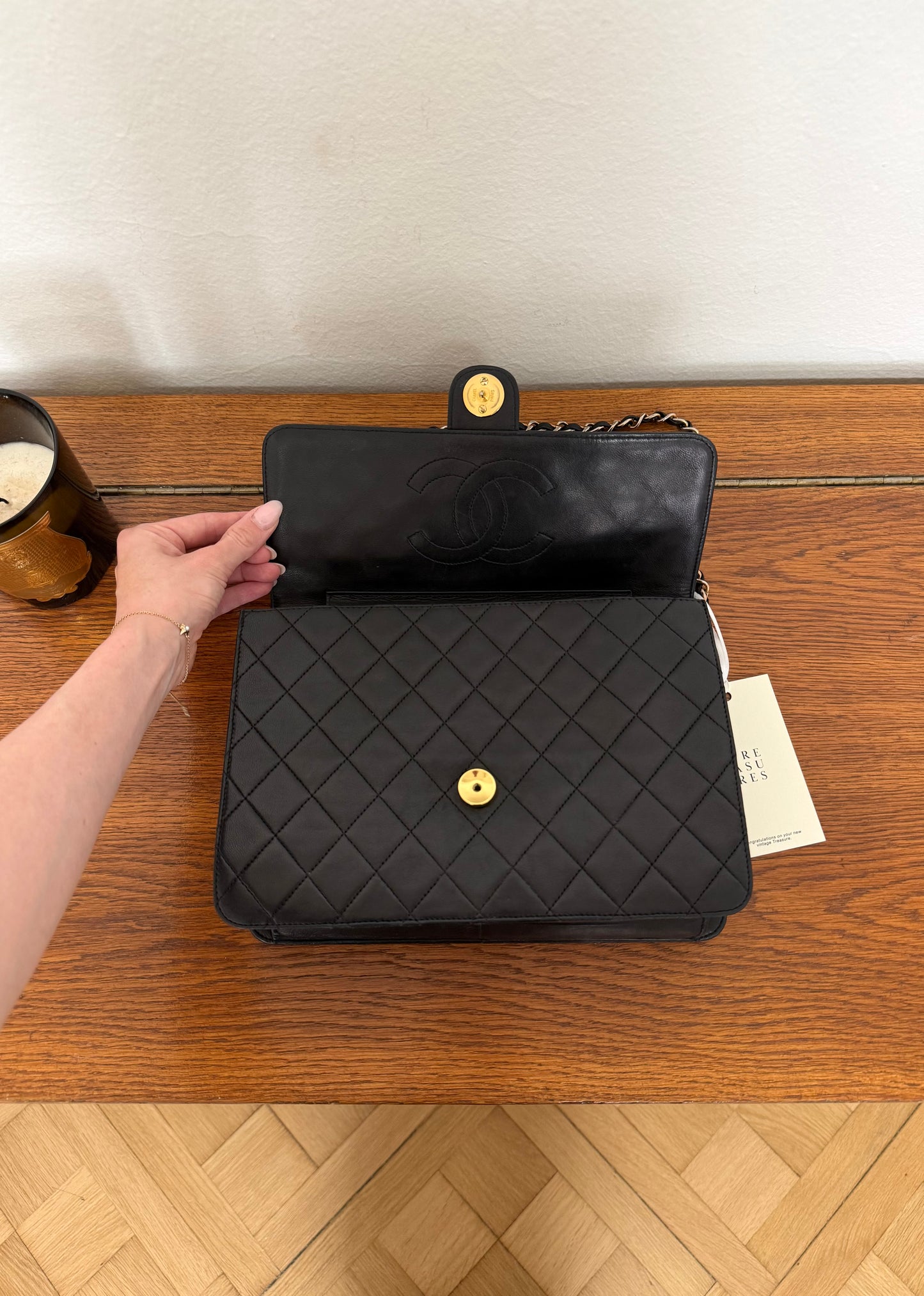 CHANEL BLACK SINGLE FLAP LAMBSKIN 24K GOLD HW