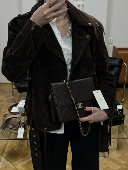 CHANEL CLASSIC SINGLE FLAP BAG BROWN 24k GOLD HW