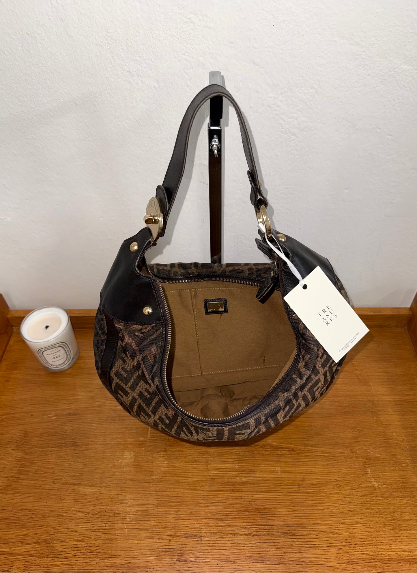 FENDI HALF MOON ZUCCA CANVAS HOBO BAG BROWN