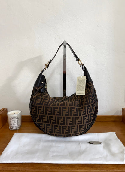 FENDI HALF MOON ZUCCA CANVAS HOBO BAG BROWN