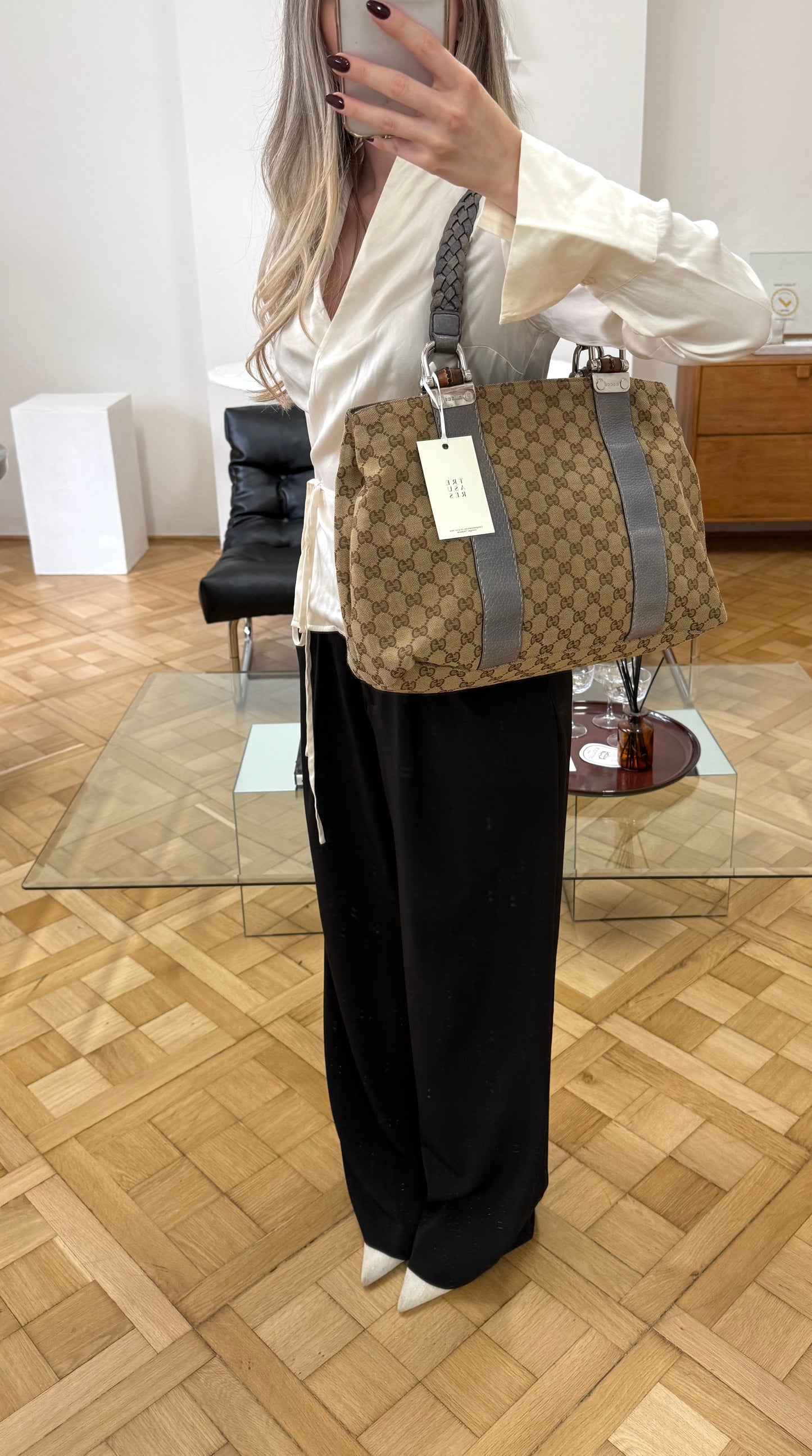 GUCCI GG CANVAS BAMBOO LIBECCIO TOTE BAG GREY