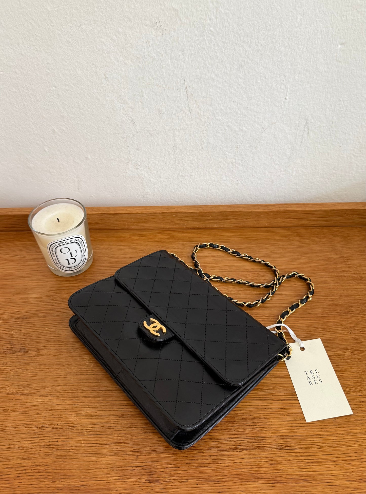 CHANEL CLASSIC SINGLE FLAP BAG LAMBSKIN BLACK 24K GOLD HW