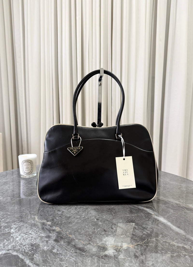 Prada Triangle Keyring Bowling Bag Spazzolato Black