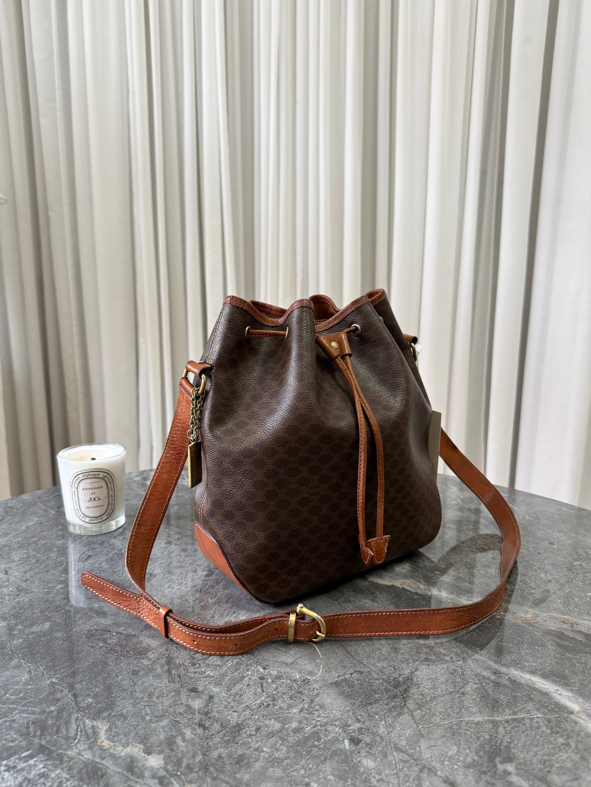 CELINE MACADAM DRAWSTRING BUCKET SHOULDER BAG