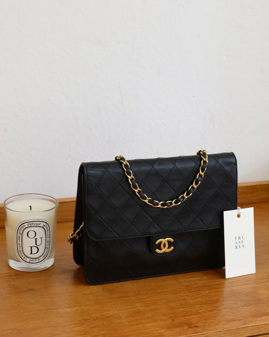 CHANEL CLASSIC SINGLE FLAP BAG LAMBSKIN BLACK 24K GOLD HW
