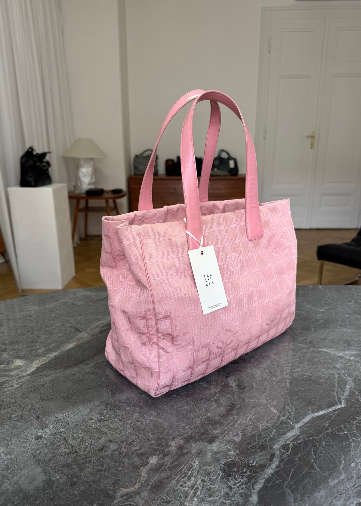 Chanel Pink New Travel Line Tote Bag MM Canvas Silver HW