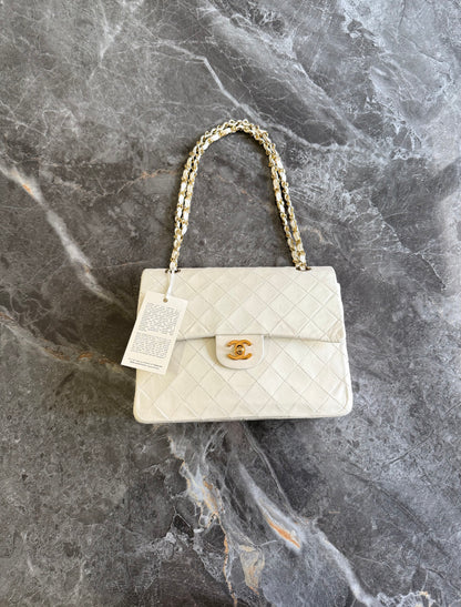 CHANEL CLASSIC DOUBLE FLAP BAG WHITE MEDIUM TALL 24K GOLD
