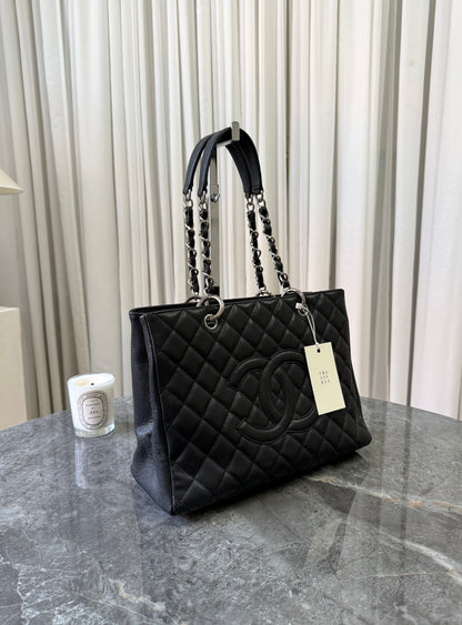 CHANEL CAVIAR GRAND TOTE BAG BLACK SILVER HW