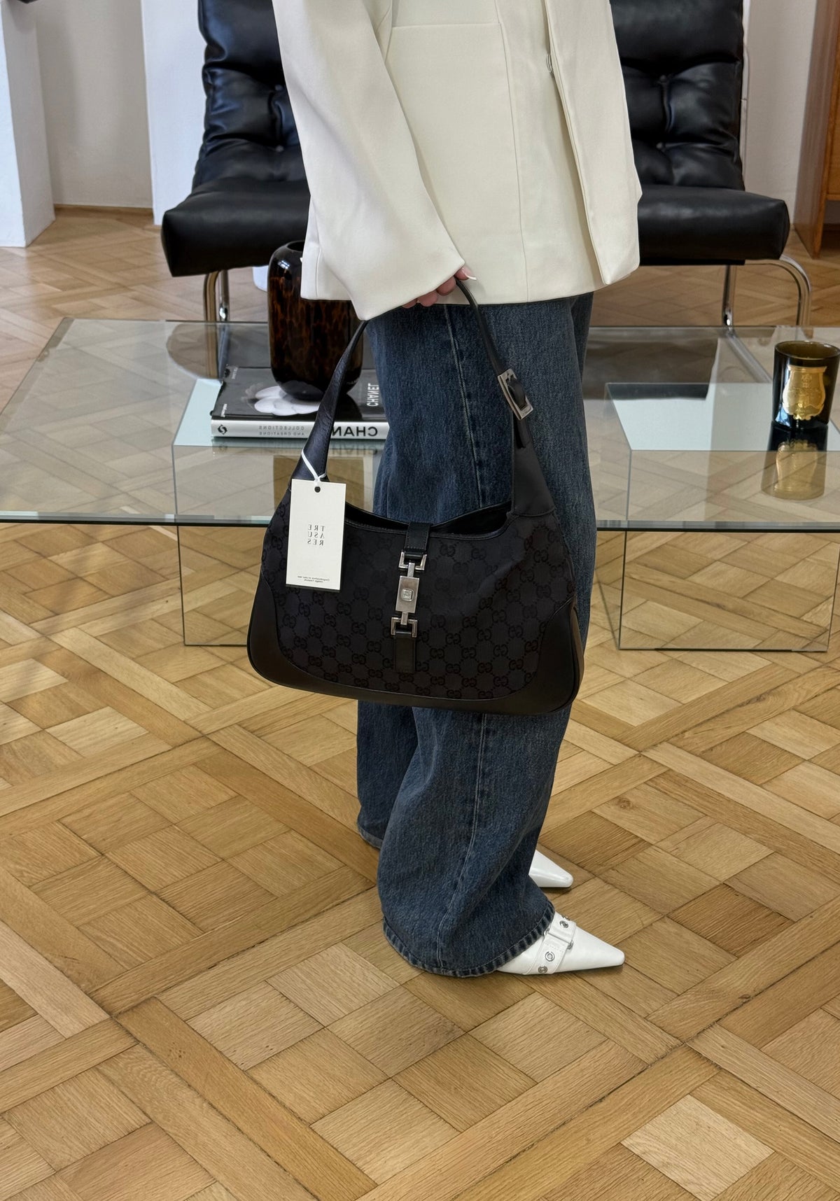 Gucci Jackie GG Canvas Shoulder Bag Black Silver HW
