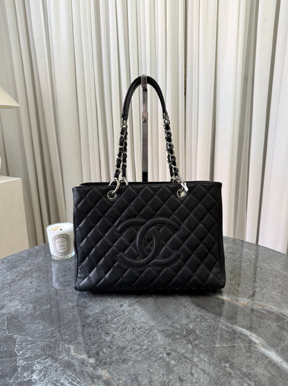 CHANEL CAVIAR GRAND TOTE BAG BLACK SILVER HW