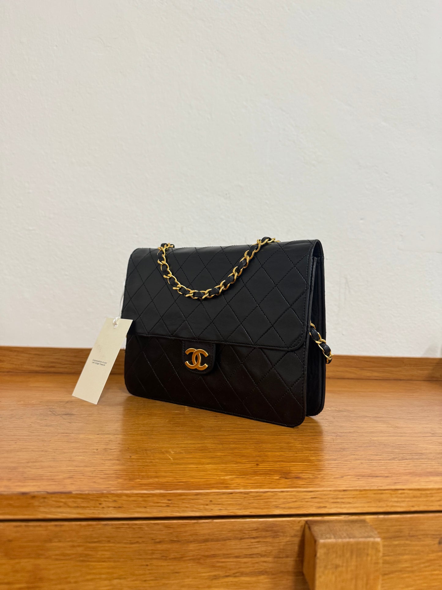 CHANEL CLASSIC SINGLE FLAP BAG LAMBSKIN BLACK 24K GOLD HW