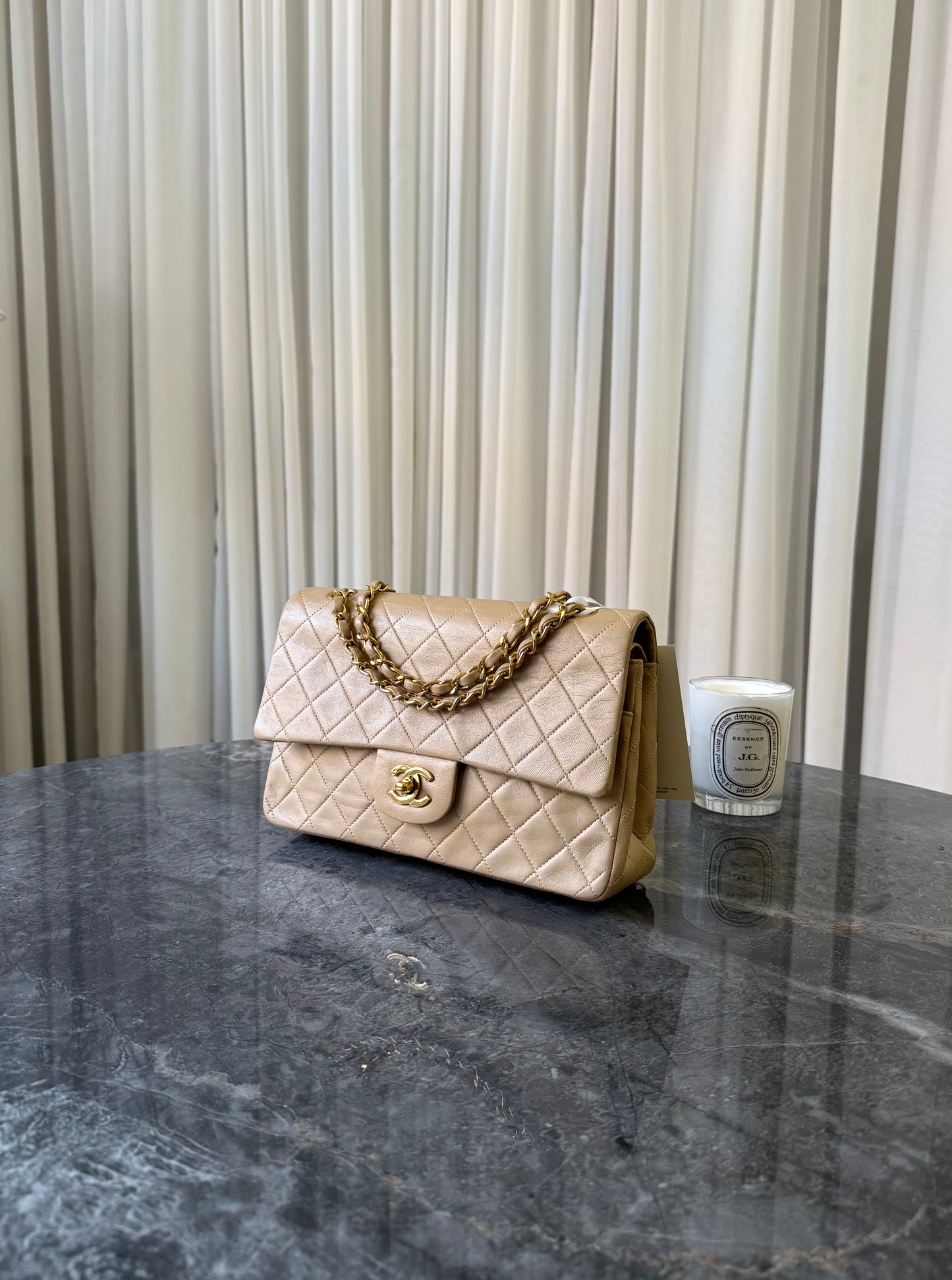 CHANEL CLASSIC DOUBLE FLAP BAG MEDIUM BEIGE 24K GOLD HW